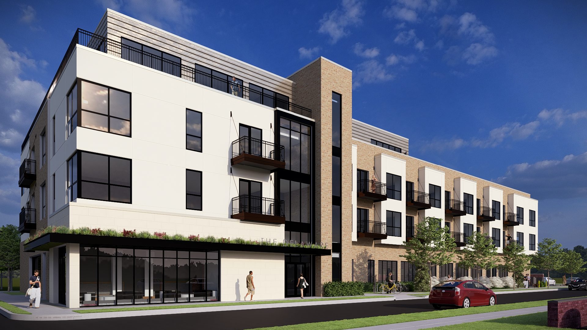 a rendering of the exterior of a new apartment building at The  Delaware